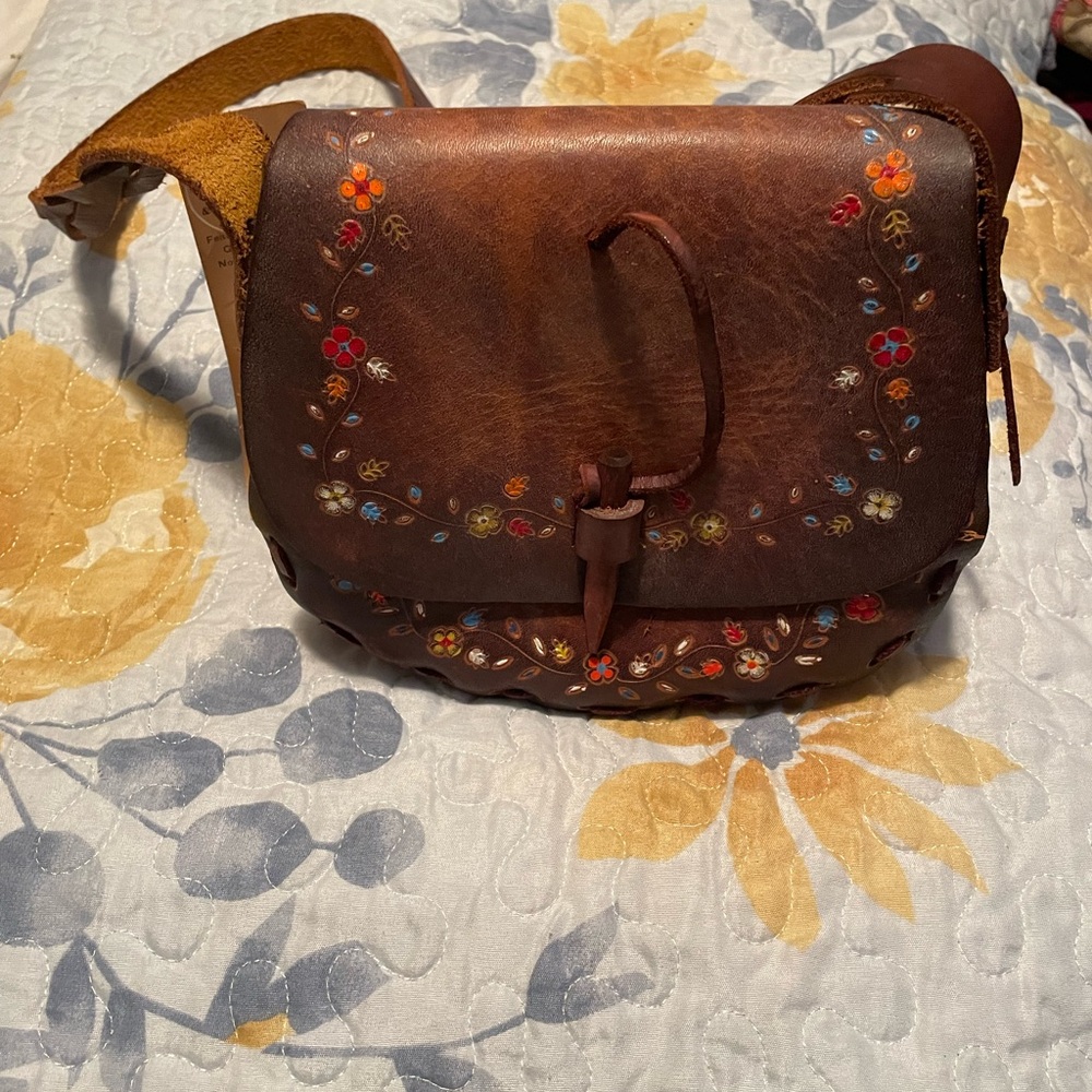 Floral Embroidered Brown Leather Bag